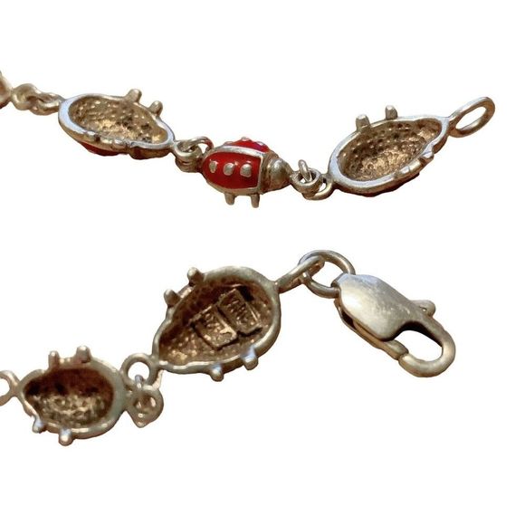 Enamel LADYBUG & STERLING Silver Link BRACELET 7.75” Inches Long - Picture 2 of 3